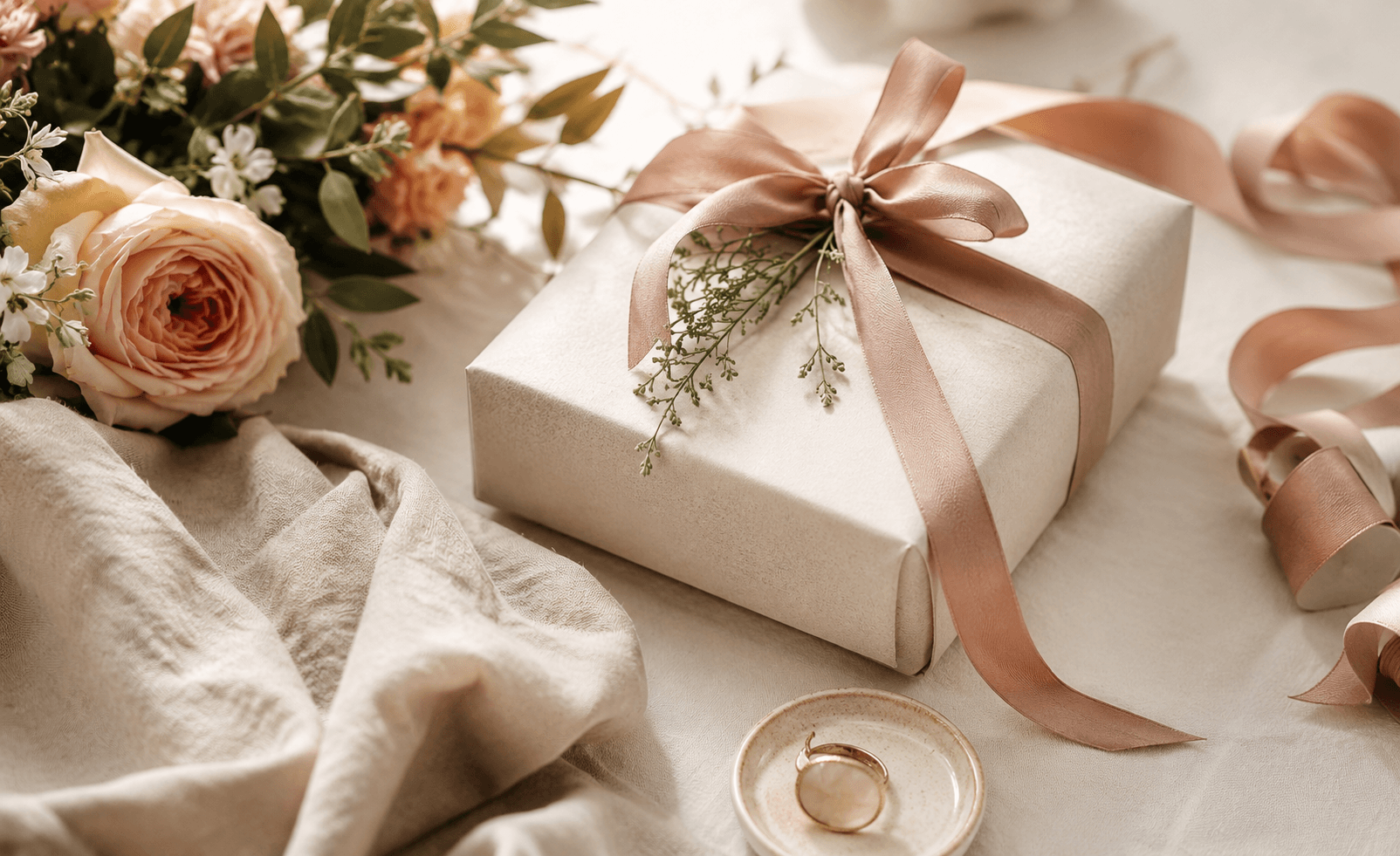 A beautifully wrapped gift on a warm wooden surface