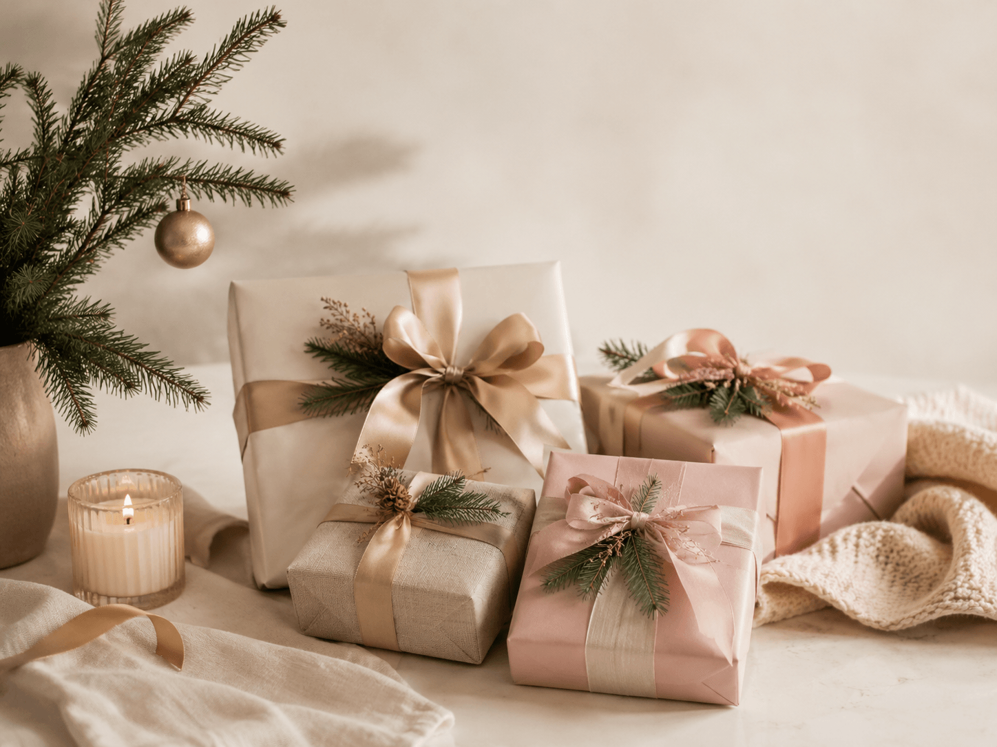 Warm Christmas gifts wrapped under soft light