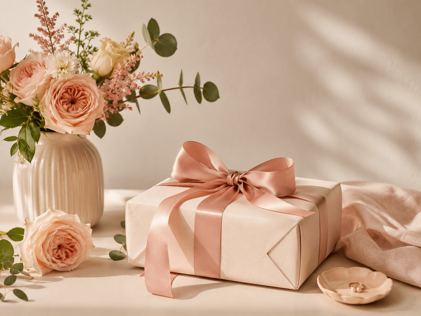 Flowers and a beautifully wrapped gift for Mother's Day
